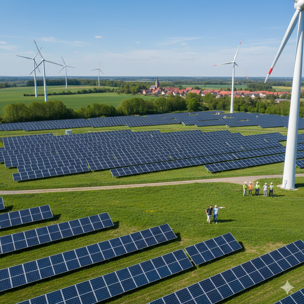 Nachhaltige Transformation mit Solaranlagen und Windenergie in ländlicher Landschaft