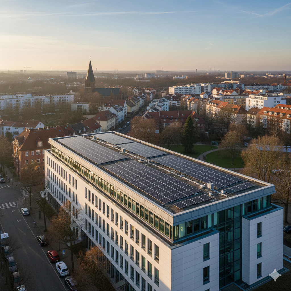 Luftaufnahme einer Photovoltaik-Installation auf modernem Gebäudedach