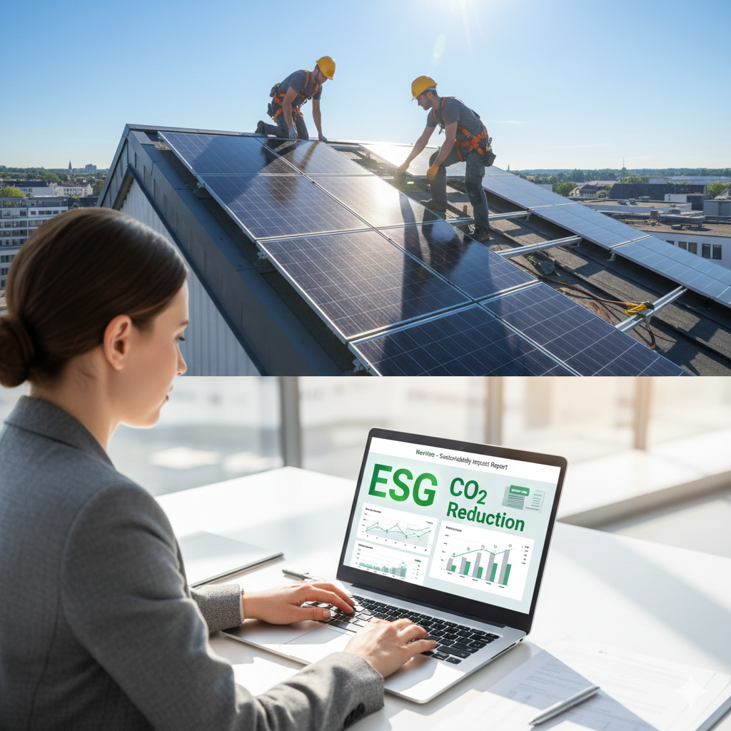PV-Installation und ESG-Daten: Arbeiter installieren Solarmodule auf einem Dach und ESG-CO2-Reduktionsdaten auf einem Laptop-Bildschirm